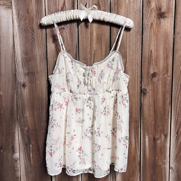 Candie's Tops - Candie’s y2k Cream Floral Sheer Spaghetti Strap Babydoll Tank Top Sz XL